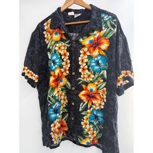 Vintage 90s Kennington Ltd Hawaiian Shirt Men XL Black Rayon Hibiscus Floral